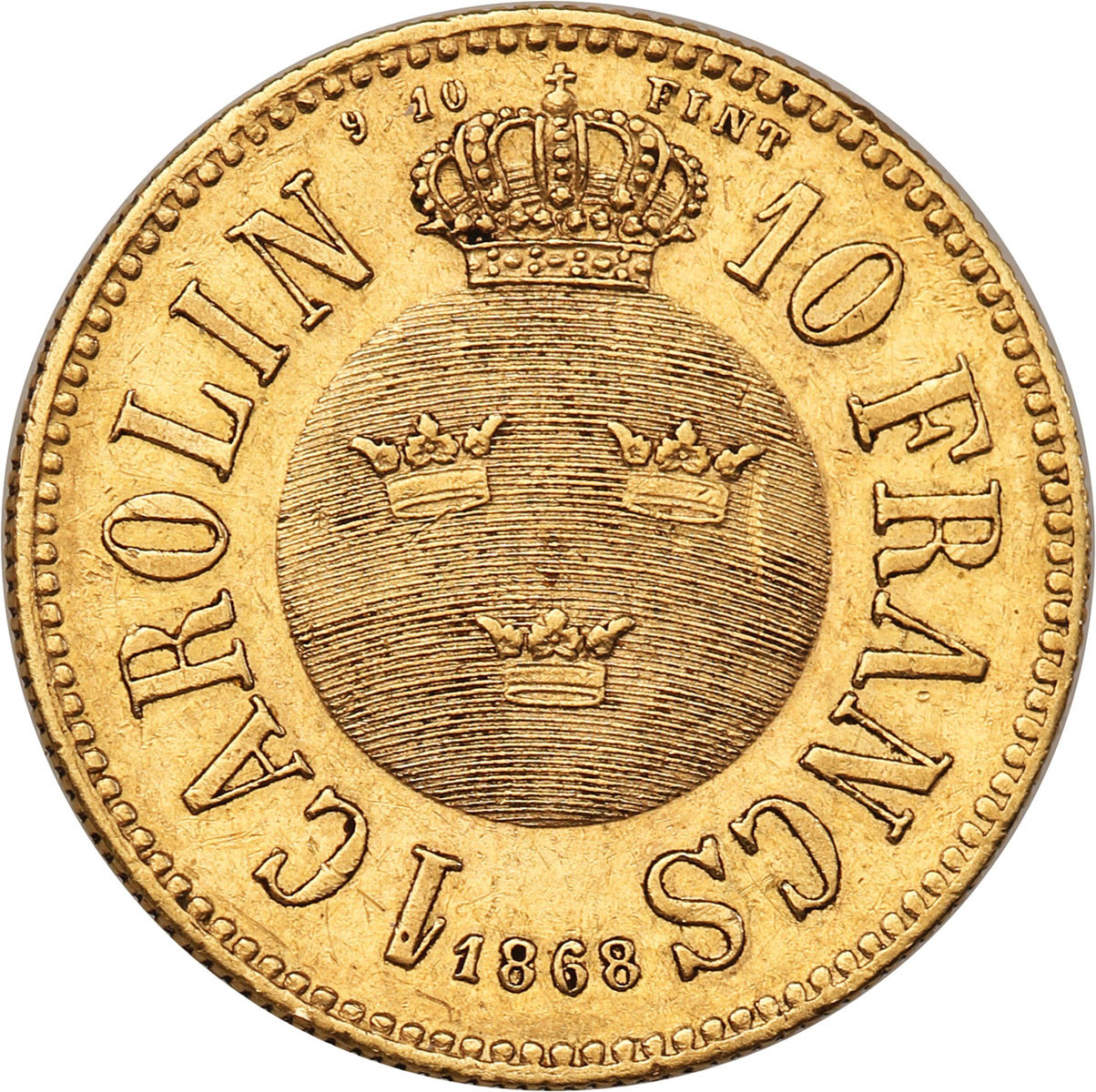 Szwecja, Karol XV (1859-1872). Carolin (10 Francs) 1868, Sztokholm
